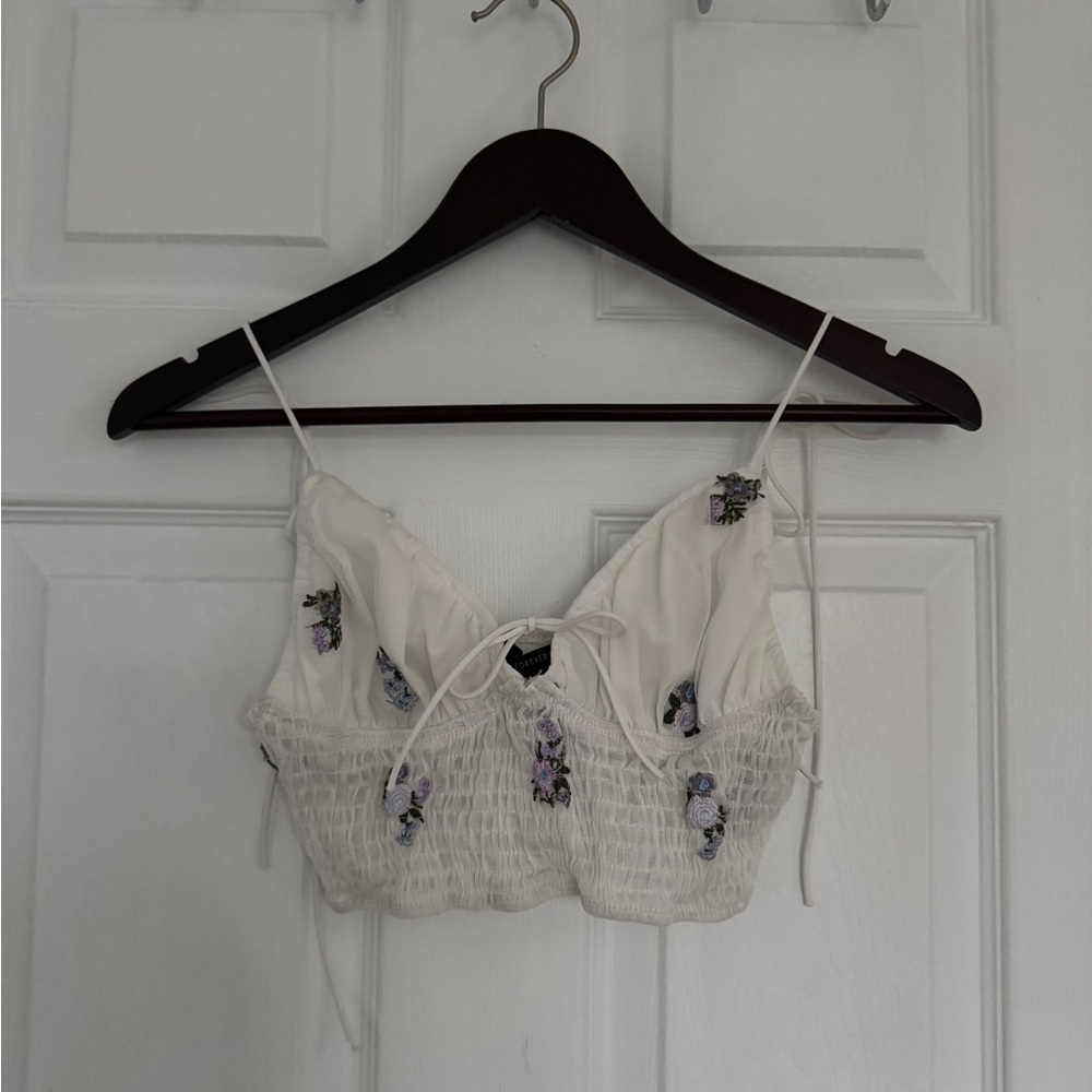 White Floral Embroidered Smocked Crop Top